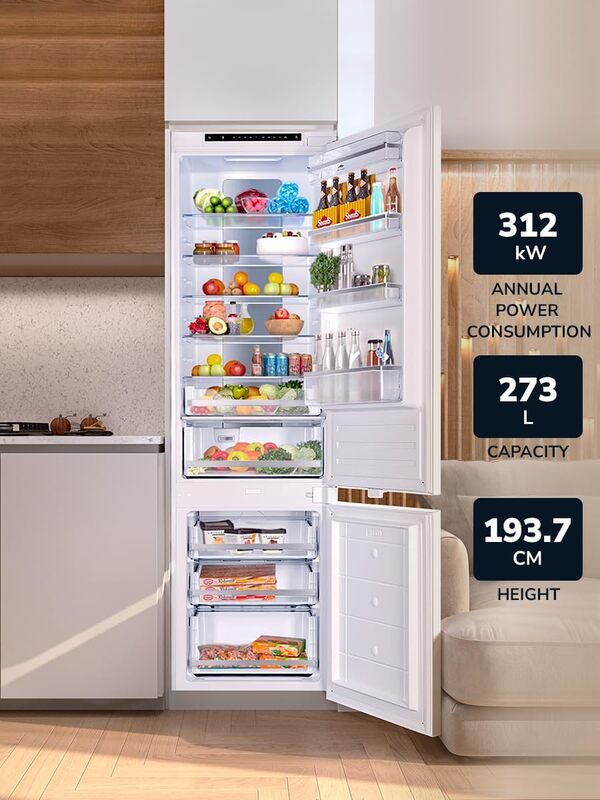 MILLEN Built-in Refrigerator, 297L, 3 Y Warranty, No Frost 2 Doors Fridge Freezer, Electronic Control, LED Backlight, Quick Cooling/Freezing, MBIM 193.3